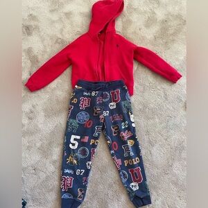 Polo Ralf Lauren boys matching set red fleece hoodie and colorful jogger size 6